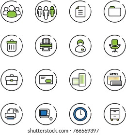 line vector icon set - group vector, document, folder, trash bin, printer, manager, office chair, portfolio, envelope, building, sea hotel, wireless, monoblock pc, clock, tool cabinet