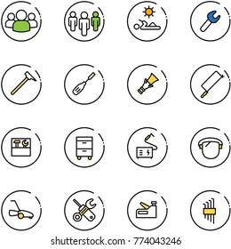 line vector icon set - group vector, reading, wrench, mason hammer, chisel, dowel, metal hacksaw, tool box, cabinet, welding, protect glass, lawn mower, screwdriver, stapler, allen key set