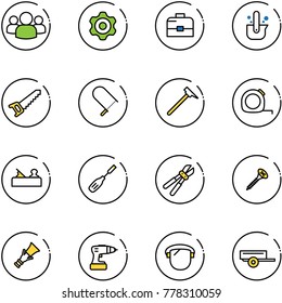 line vector icon set - group vector, gear, case, casting of steel, saw, fretsaw, mason hammer, measuring tape, jointer, chisel, bolt cutter, screw, dowel, drill, protect glass, trailer
