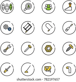 line vector icon set - group vector, head hunter, success, gear, bucksaw, fretsaw, chisel, wrench, nail, nut, screw, clinch, hoe, jig saw, allen key