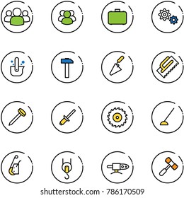 line vector icon set - group vector, case, gear, casting of steel, hammer, trowel, nail, clinch, saw disk, hoe, winch, pipe welding, toy