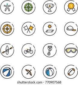 line vector icon set - gymnastics vector, target, gold cup, medal, flags cross, mat, cap, kayak, bike, piston, protective glasses, beach ball, bow, basketball, football