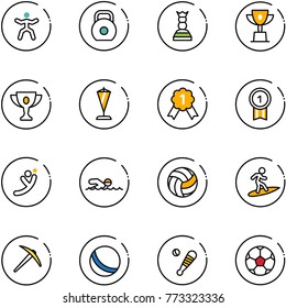 line vector icon set - gymnastics vector, weight, chess queen, win cup, gold, pennant, medal, flying man, swimming, volleyball, surfing, axe, ball, baseball bat, soccer
