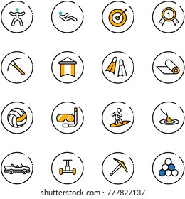 line vector icon set - gymnastics vector, abdominal muscles, target, gold medal, rock axe, pennant, flippers, mat, volleyball, diving, surfing, fishing, cabrio, gyroscope, billiards balls