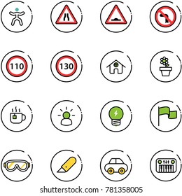 line vector icon set - gymnastics vector, Road narrows sign, artificial unevenness, no left turn, speed limit 110, 130, home, flower pot, hot tea, idea, flag, protective glasses, work knife, car