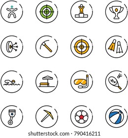 line vector icon set - gymnastics vector, target, winner, gold cup, solution, rock axe, flippers, swimming, inflatable pool, diving, badminton, piston, soccer ball, beach