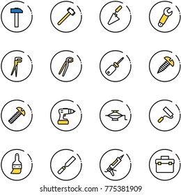 line vector icon set - hammer vector, sledgehammer, trowel, wrench, plumber, screwdriver, screw, drill, jack, paint roller, brush, rasp, gun sealant, tool box