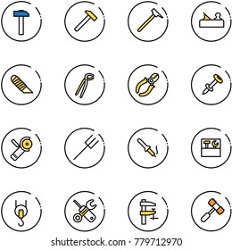 line vector icon set - hammer vector, mason, jointer, work knife, plumber, side cutters, nail dowel, Angular grinder, farm fork, soldering iron, tool box, winch, wrench screwdriver, clamp, toy