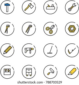 line vector icon set - hammer vector, axe, jointer, wrench, plumber, scissors, nut, pencil, drill machine, rake, scythe, tool box, cabinet, paint roller, work knife