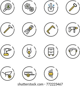 line vector icon set - head hunter vector, gears, casting of steel, sledgehammer, mason hammer, bolt cutter, staple, drill machine, winch, tool cabinet, protect glass, wheelbarrow, trailer