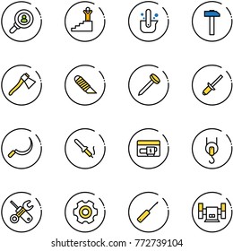 line vector icon set - head hunter vector, success, casting of steel, hammer, axe, work knife, nail, clinch, sickle, soldering iron, generator, winch, wrench screwdriver, gear, awl, sharpening