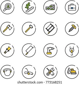 line vector icon set - head hunter vector, career, brick wall, case, axe, sledgehammer, bucksaw, screw, dowel, metal hacksaw, drill, winch, protect glass, lawn mower, wrench screwdriver