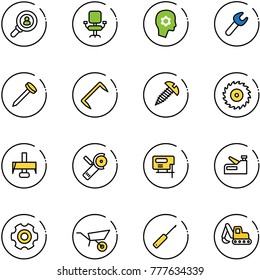 line vector icon set - head hunter vector, office chair, brain work, wrench, nail, staple, screw, saw disk, milling cutter, Angular grinder, jig, stapler, gear, wheelbarrow, awl, excavator toy