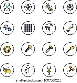 line vector icon set - heart gear vector, circuit, plant, wrench, nut, screw, wood drill, machine tool, winch, toy hammer