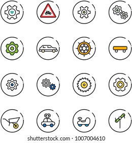 line vector icon set - heart gear vector, road for moto sign, gears, limousine, hand wheel, skateboard, saw disk, wheelbarrow, car toy, baby, windmill