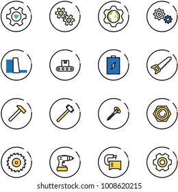 line vector icon set - heart gear vector, globe, water power plant, conveyor, battery, saw, hammer, sledgehammer, screw, nut, disk, drill, machine tool