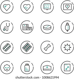 line vector icon set - heart vector, pulse, diagnostic monitor, first aid kit, stethoscope, hospital building, pill, drop counter, pills blister, broken bone, virus, bottle, doctor hat, x ray