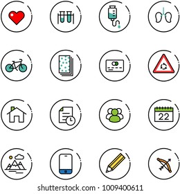 line vector icon set - heart vector, vial, drop counter, lungs, bike, breads, credit card, round motion road sign, home, history, group, calendar, mountains, mobile phone, pencil, bow