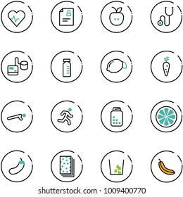 line vector icon set - heart pulse vector, patient card, apple, stethoscope, tonometer, vial, lemon, carrot, push ups, run, pills bottle, slice, eggplant, breads, garbage, banana