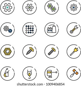 line vector icon set - heart gear vector, circuit, plant, wrench, nut, screw, wood drill, winch, laser lever, toy hammer