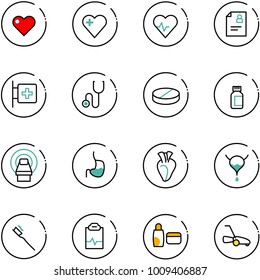 line vector icon set - heart vector, pulse, patient card, first aid room, stethoscope, pill, pills bottle, mri, stomach, bladder, tooth brush, clipboard, uv cream, lawn mower