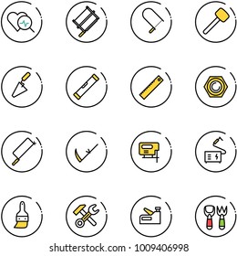 line vector icon set - heart diagnosis vector, bucksaw, fretsaw, rubber hammer, trowel, level, ruler, nut, metal hacksaw, scythe, jig saw, welding, brush, wrench, stapler, shovel fork toy