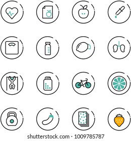 line vector icon set - heart pulse vector, diet list, apple, pipette, floor scales, vial, lemon, lungs, pull ups, pills bottle, bike, slice, weight, eggplant, breads, strawberry