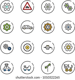 line vector icon set - heart gear vector, road for moto sign, limousine, hand wheel, saw disk, jack, car toy, baby, windmill, cat