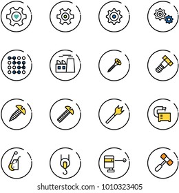 line vector icon set - heart gear vector, circuit, plant, screw, bolt, wood drill, machine tool, winch, laser lever, toy hammer
