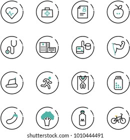 line vector icon set - heart pulse vector, doctor bag, patient card, apple, stethoscope, hospital building, tonometer, power hand, treadmill, run, pull ups, pills bottle, eggplant, broccoli, milk
