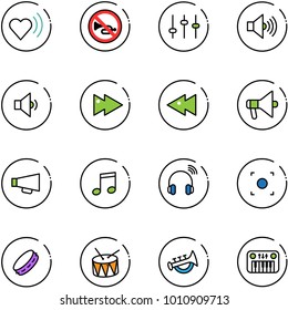 line vector icon set - heart beat vector, no horn road sign, settings, volume max, low, fast forward, backward, loudspeaker, music, wireless headphones, record button, tambourine, drum, toy, piano