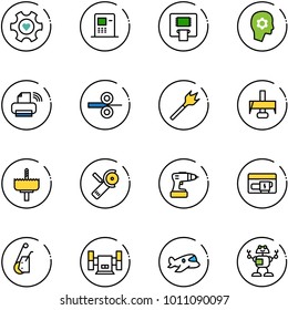 line vector icon set - heart gear vector, atm, brain work, printer wireless, steel rolling, wood drill, milling cutter, crown, Angular grinder, generator, winch, sharpening, plane toy, robot