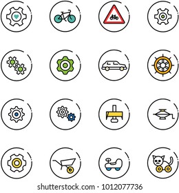 line vector icon set - heart gear vector, bike, road for moto sign, limousine, hand wheel, milling cutter, jack, wheelbarrow, baby car, toy cat