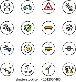line vector icon set - heart gear vector, bike, road for moto sign, gears, skateboard, saw disk, milling cutter, jack, wheelbarrow, car toy, windmill, cat