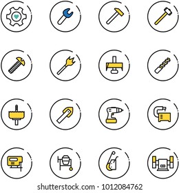 line vector icon set - heart gear vector, wrench, hammer, sledgehammer, screw, wood drill, milling cutter, crown, tile, machine tool, jig saw, cocncrete mixer, winch, sharpening