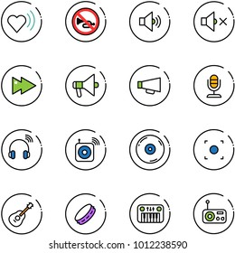 line vector icon set - heart beat vector, no horn road sign, volume medium, off, fast forward, loudspeaker, microphone, wireless headphones, speaker, cd, record button, guitar, tambourine, toy piano