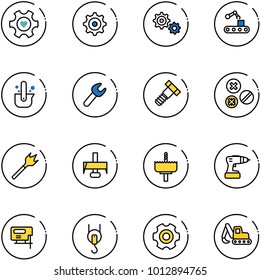 line vector icon set - heart gear vector, conveyor, casting of steel, wrench, bolt, rivet, wood drill, milling cutter, crown, jig saw, winch, excavator toy