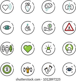 line vector icon set - heart beat vector, brain, kidneys, eye, disabled, investment, pedestrian road sign, group, idea, man globe, dollar, team leader, feet, scanner