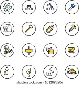 line vector icon set - heart gear vector, conveyor, wrench, plant, sledgehammer, side cutters, screw, rivet, crown drill, machine tool, jig saw, winch, welding, excavator toy