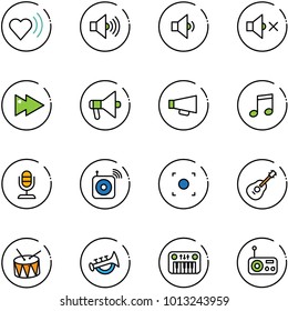 line vector icon set - heart beat vector, volume max, low, off, fast forward, loudspeaker, music, microphone, wireless speaker, record button, guitar, drum, horn toy, piano, radio