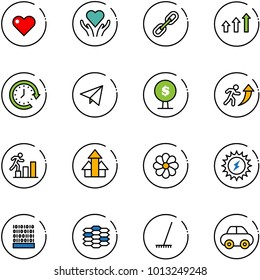 line vector icon set - heart vector, care, link, arrows up, clock around, paper fly, money tree, career, flower, sun power, binary code, carbon, rake, car