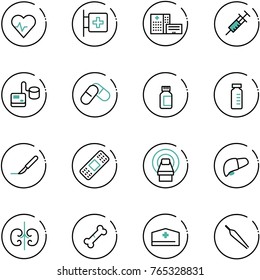 line vector icon set - heart pulse vector, first aid room, hospital building, syringe, tonometer, pills, bottle, vial, scalpel, medical patch, mri, liver, kidneys, broken bone, doctor hat, forceps