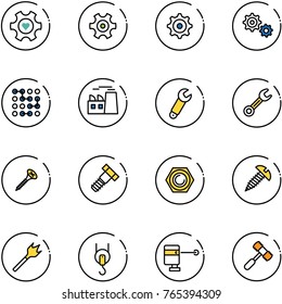 line vector icon set - heart gear vector, circuit, plant, wrench, screw, bolt, nut, wood drill, winch, laser lever, toy hammer