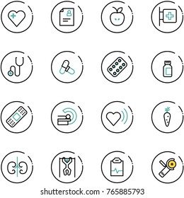 line vector icon set - heart vector, patient card, apple, first aid room, stethoscope, pills, blister, bottle, medical patch, mri, beat, carrot, kidneys, pull ups, pulse clipboard, Angular grinder