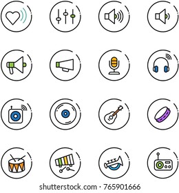 line vector icon set - heart beat vector, settings, volume max, low, loudspeaker, microphone, wireless headphones, speaker, cd, guitar, tambourine, drum, xylophone, horn toy, radio