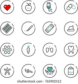 line vector icon set - heart vector, apple, drop counter, pills, blister, scalpel, medical patch, treadmill, gear, carrot, lungs, tooth, gymnastics, abdominal muscles, care, pulse clipboard
