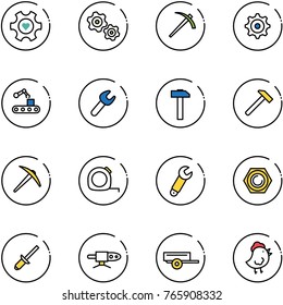 line vector icon set - heart gear vector, gears, job, conveyor, wrench, hammer, axe, measuring tape, nut, clinch, pipe welding, trailer, chicken toy
