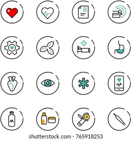 line vector icon set - heart vector, pulse, patient card, mri, gear, three leafs, hospital bed, stomach, eye, ambulance star, mobile monitor, milk, uv cream, Angular grinder, forceps