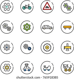 line vector icon set - heart gear vector, bike, road for moto sign, gears, limousine, skateboard, saw disk, milling cutter, car toy, baby, cat
