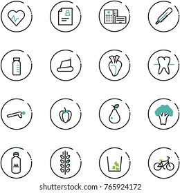line vector icon set - heart pulse vector, patient card, hospital building, thermometer, vial, treadmill, tooth, push ups, sweet pepper, pear, broccoli, milk, spica, garbage, bike